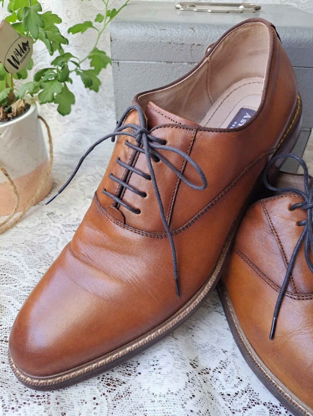 Aston Grey Leu Men's Oxford Dress Shoes Cognac Brown Leather Lace Up Size 11